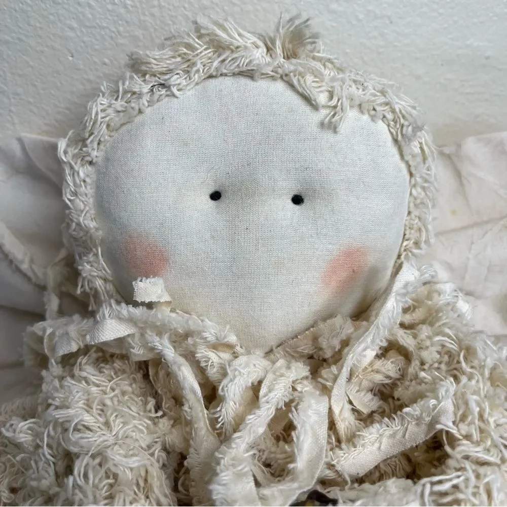Vintage Handmade Yarn Angel Rag Doll Cream Painted Face Wings Holiday Decor